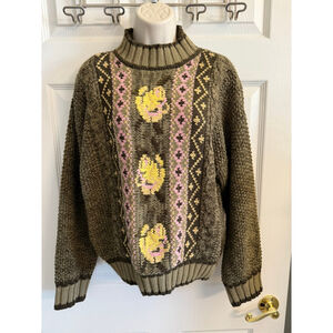 Vintage 90's UNIONBAY brown cream pink acrylic knit floral pullover sweater SZ S